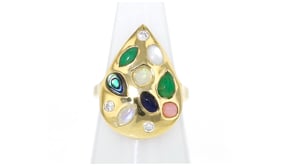 Multi-Gemstone Teardrop Ring with .20 ct. t.w. Lab-Grown Diamonds in 18kt Gold Over Sterling