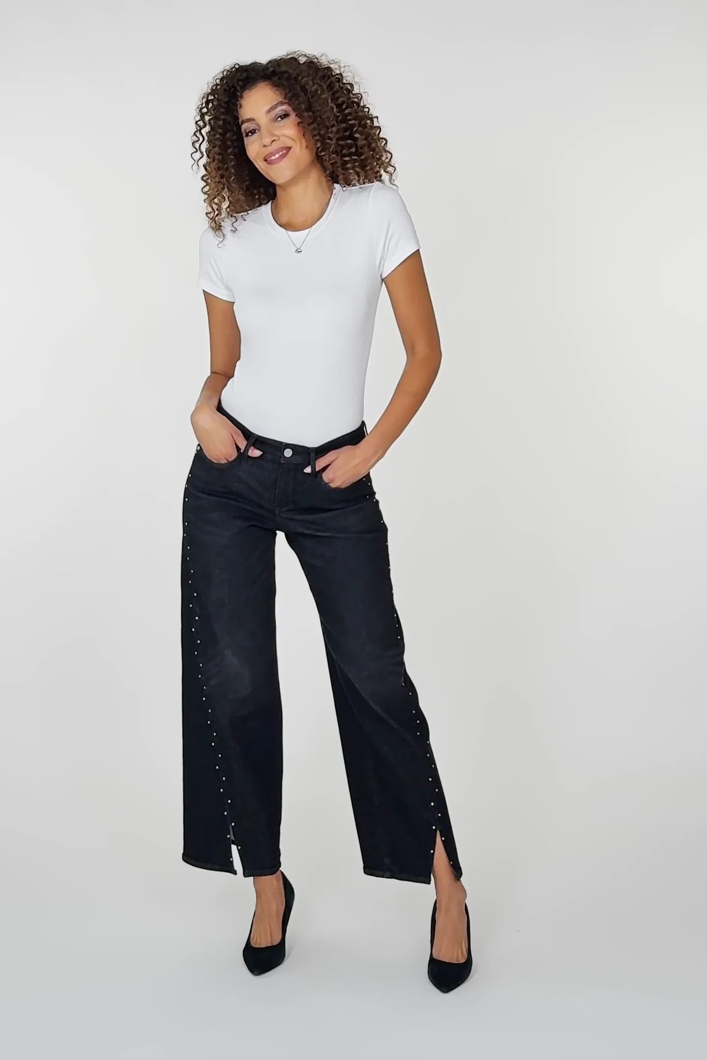 Teresa Wide Leg Jeans With Rhinestones, Front Slits And 31