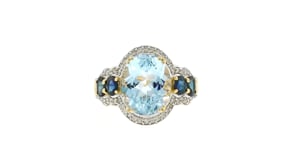 4.90 Carat Aquamarine and 1.10 ct. t.w. Sapphire Ring with .28 ct. t.w. Diamonds in 14kt Yellow Gold