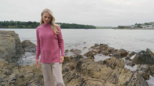 Grainne Wool Cashmere Turtle Neck Aran Sweater in Candy Pink | Blarney