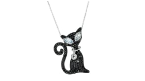 2.00 ct. t.w. Black Spinel and 1.60 ct. t.w. Sky Blue and White Topaz Cat Pin/Pendant Necklace in Sterling