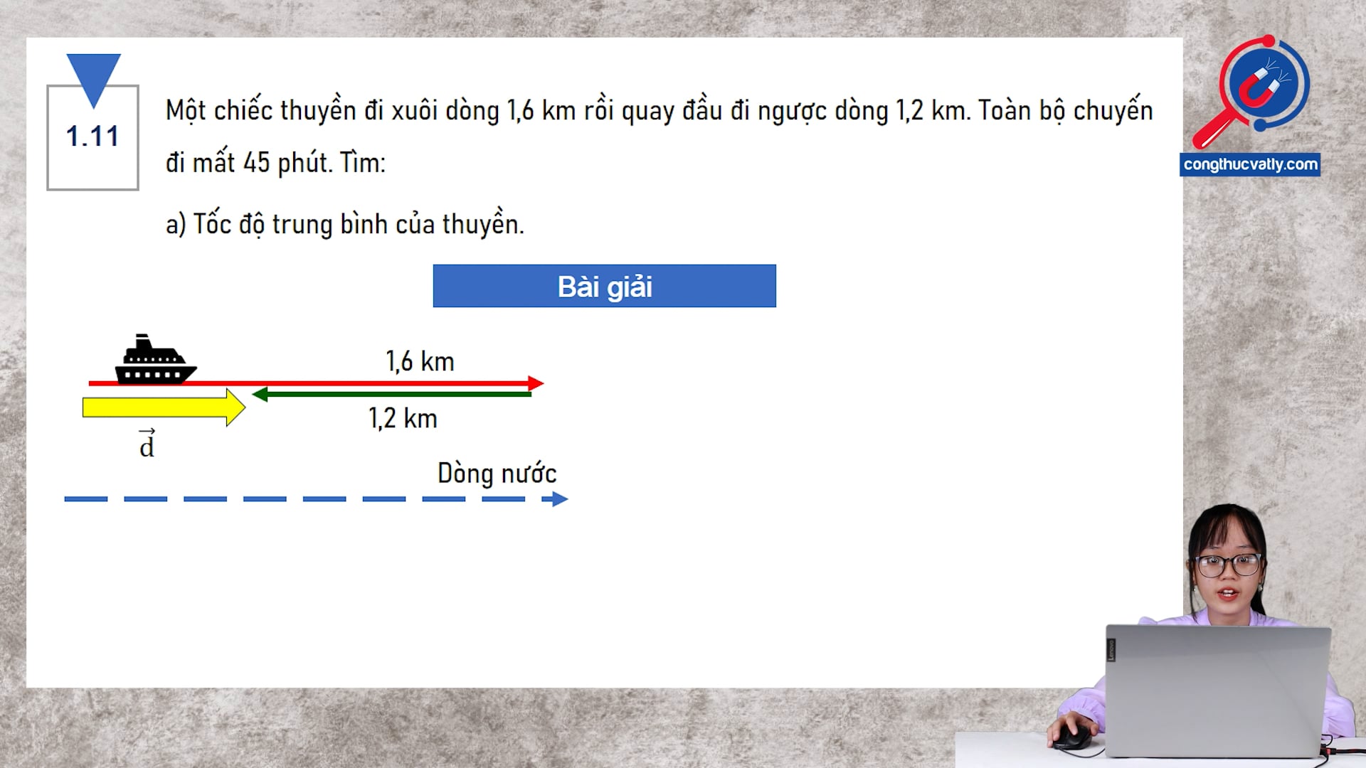 Một chiếc thuyền đi xuôi dòng 1,6 km rồi quay đầu đi ngược dòng 1,2 km. Tìm tốc độ trung bình, độ dịch chuyển và vận tốc trung bình của thuyền.