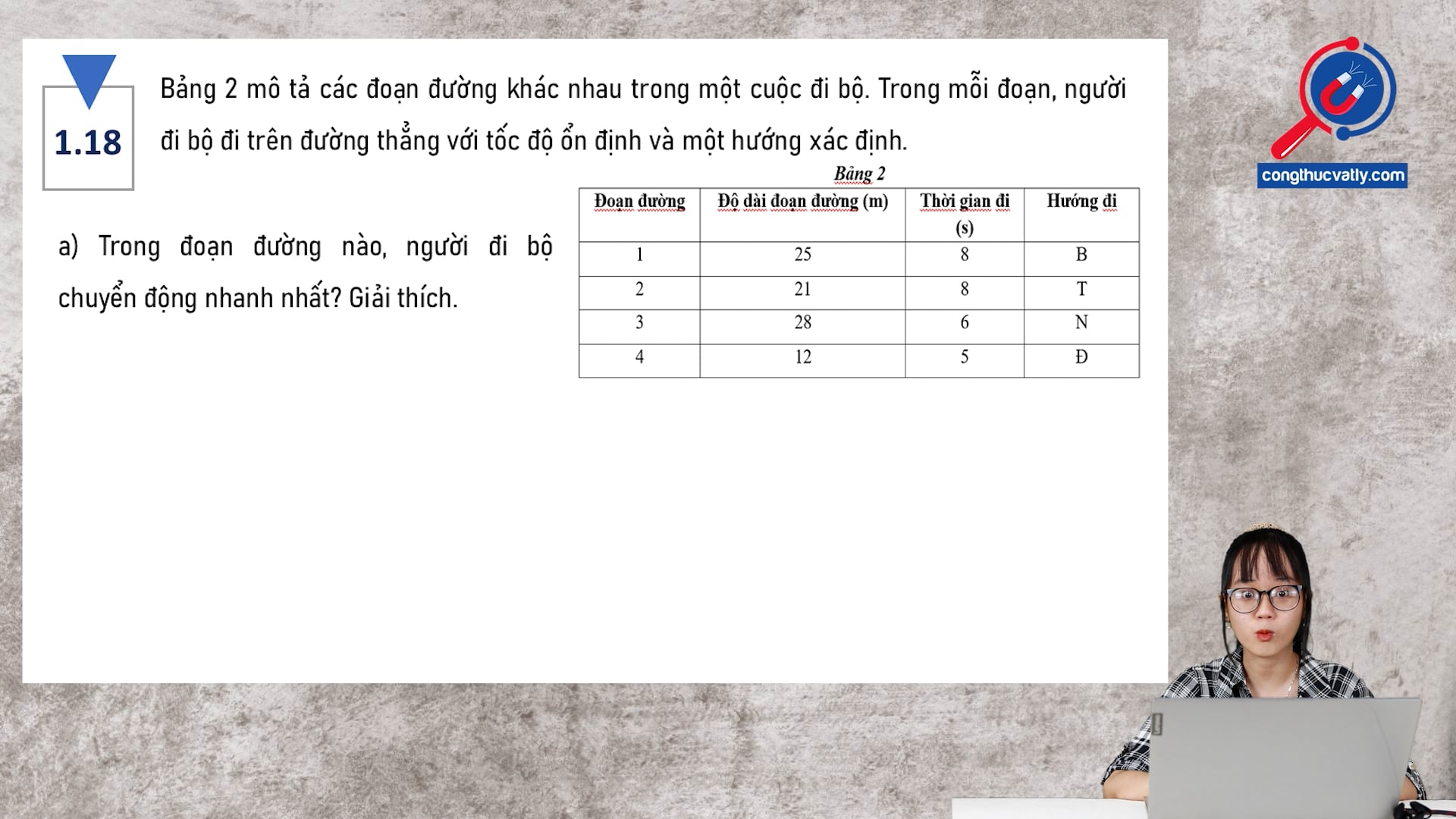 Bảng 2 mô tả các đoạn đường khác nhau trong một cuộc đi bộ. Trong mỗi giai đoạn, người đi bộ đi trên đường thẳng với tốc độ ổn định và một hướng xác định.