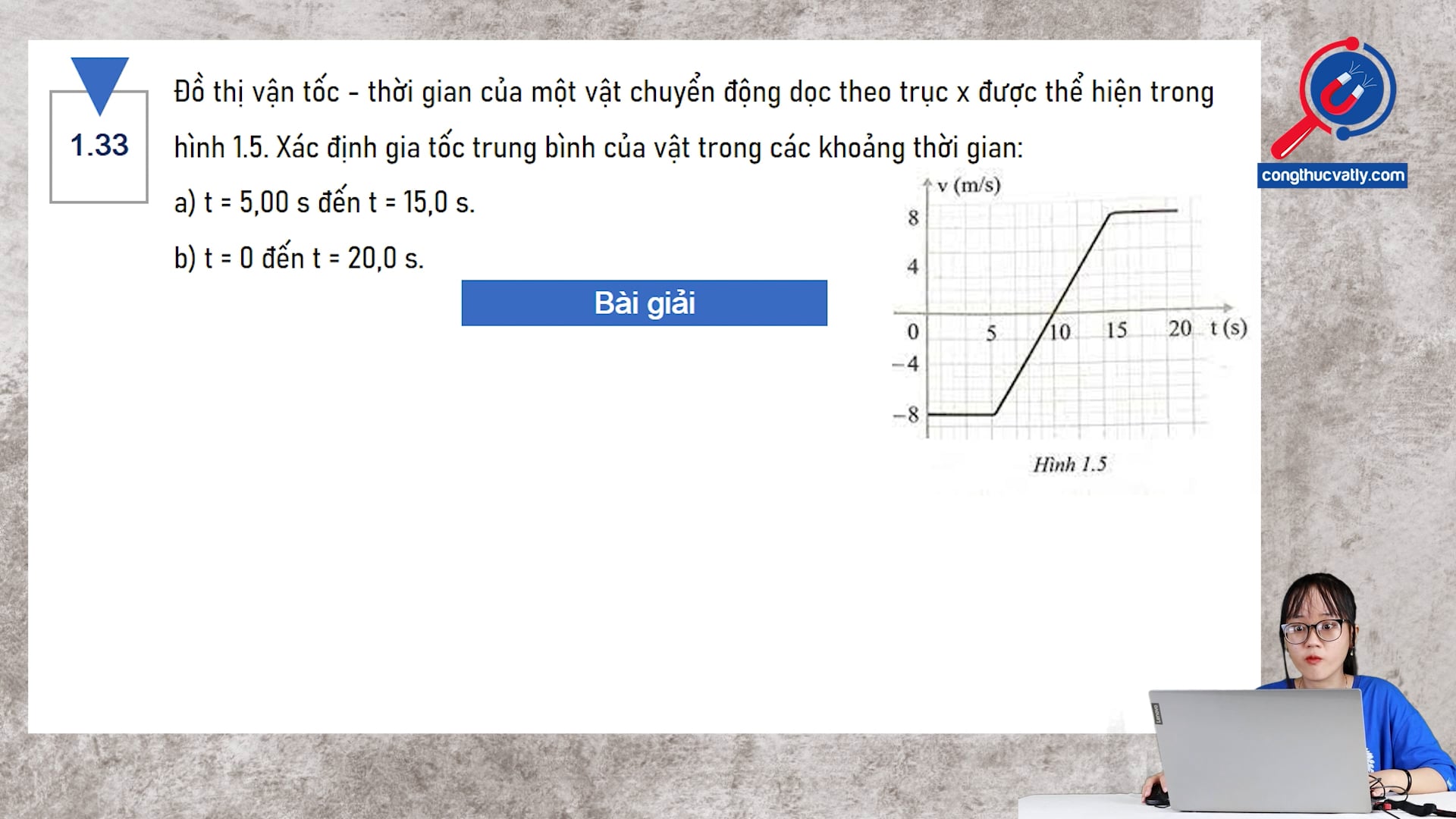 Đồ thị vận tốc - thời gian của một vật chuyển động dọc theo trục x được thể hiện trong hình 1.5. Xác định gia tốc trung bình của vật trong các khoảng thời gian.
