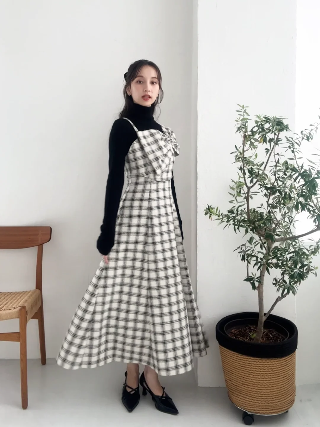 美品】nianaオリーブグリーン バックダブルリボンレイヤードワンピース