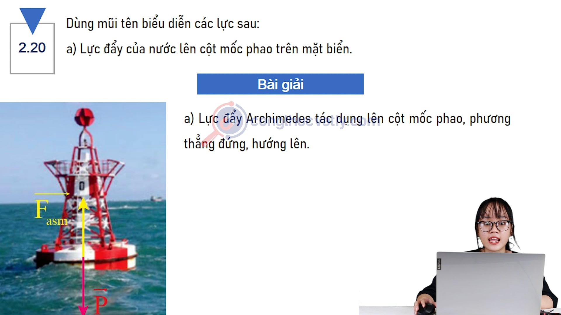 Dùng mũi tên biểu diễn các lực sau: Lực đẩy của nước lên cột mốc phao trên mặt biển. Lực cản trở chuyển động của khúc gỗ đang được kéo trên mặt đường.
