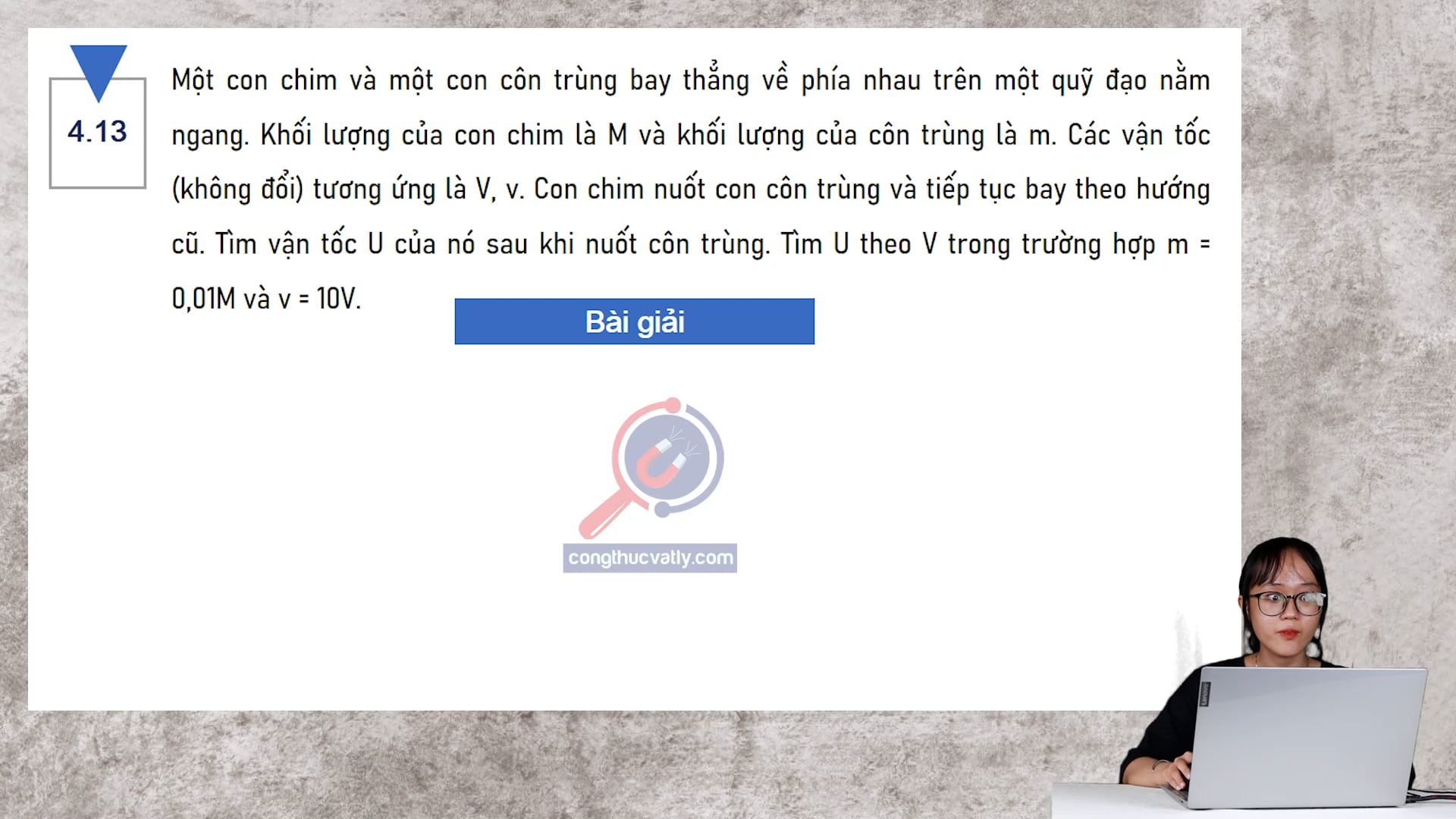 Một con chim và một con côn trùng bay thẳng về phía nhau trên một quỹ đạo nằm ngang. Tìm vận tốc U của nó sau khi nuốt con trùng. Tìm U theo V.