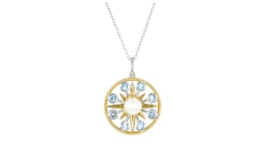 6-6.5mm Cultured Pearl and .50 ct. t.w. Sky Blue Topaz Sun Pendant Necklace in Sterling Silver and 18kt Gold Over Sterling