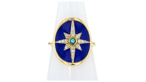 Blue Enamel, Turquoise and .20 ct. t.w. White Zircon North Star Ring in 18kt Gold Over Sterling