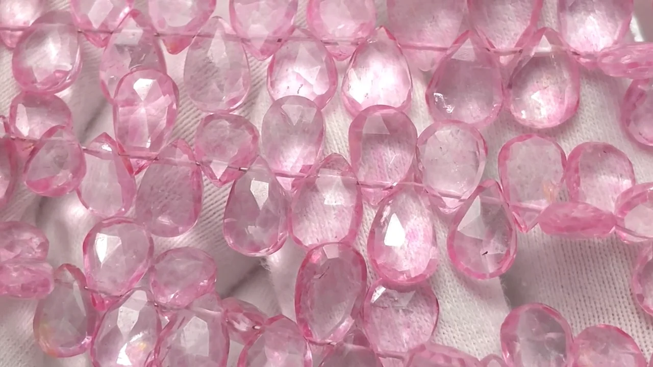 動画】ピンクトパーズAA++ ペアシェイプ ブリオレットカット 半連/1連