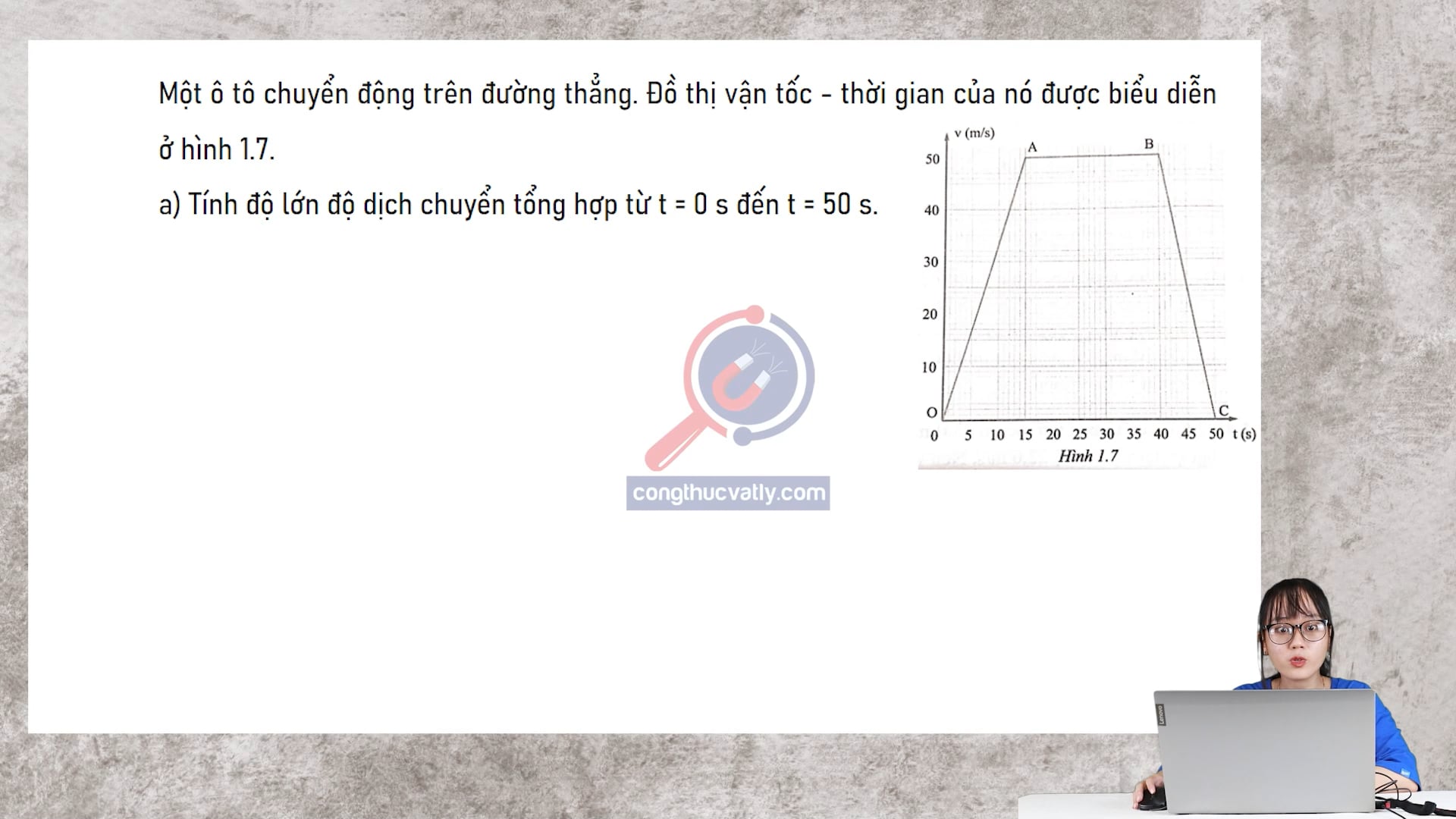 Một ô tô chuyển động trên đường thẳng. Đồ thị vận tốc - thời gian của nó được biểu diễn như hình vẽ. Tính độ lớn độ dịch chuyển, gia tốc và vận tốc trung bình.