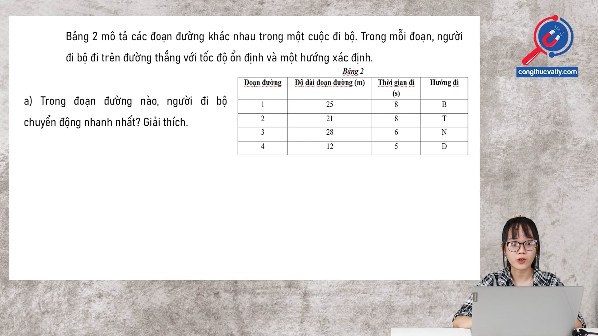 Bảng 2 mô tả các đoạn đường khác nhau trong một cuộc đi bộ. Trong mỗi đoạn, người đi bộ đi trên đường thẳng với tốc độ ổn định và một hướng xác định. Tìm các thông tin về chuyển động.