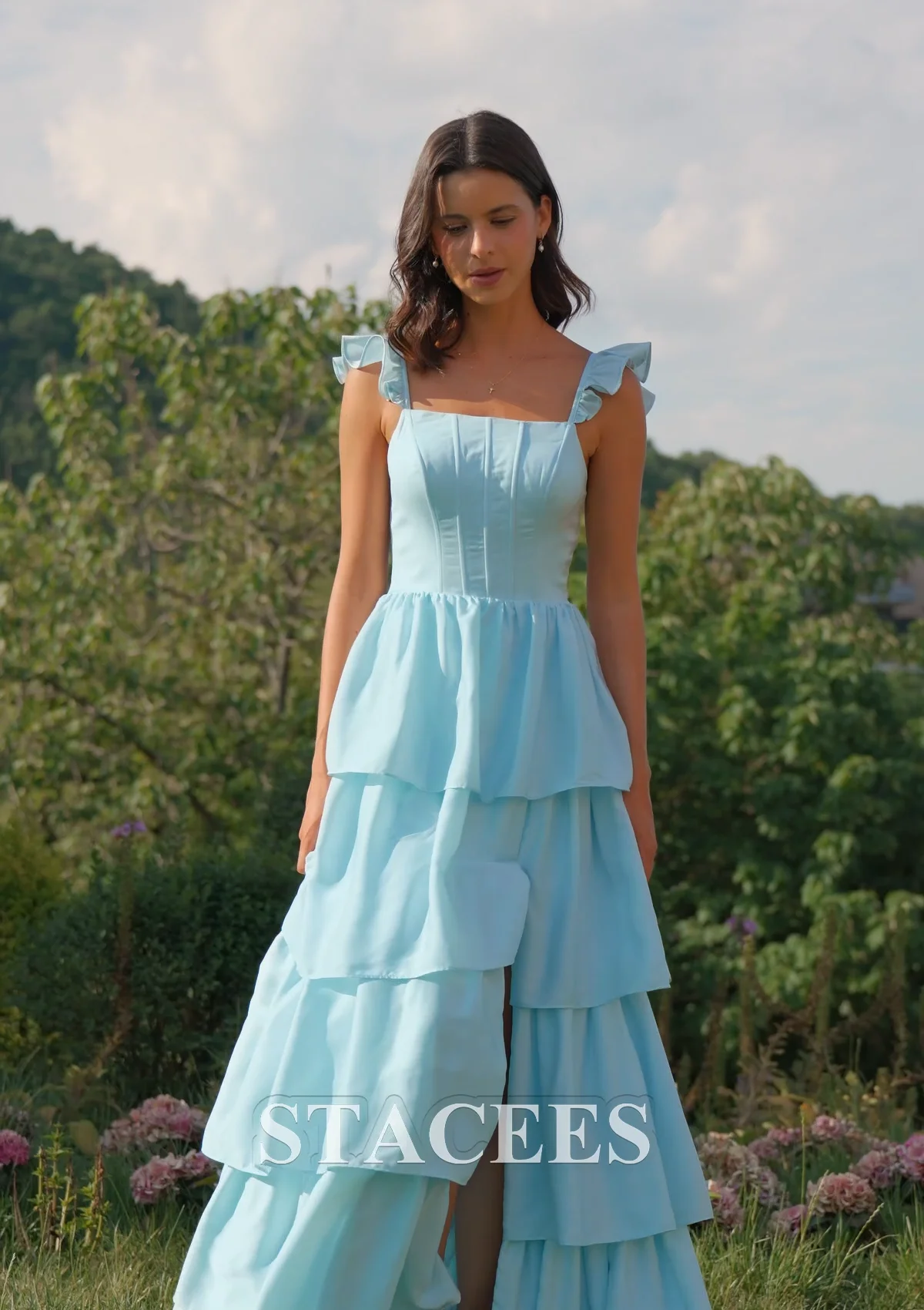 a-line square floor-length chiffon bridesmaid dress with ruffle ZAPAKA Women Green Bridesmaid Dress with Ruffles A-Line Square Neck Wedding Guest Dress, Matcha / US22W main image 0