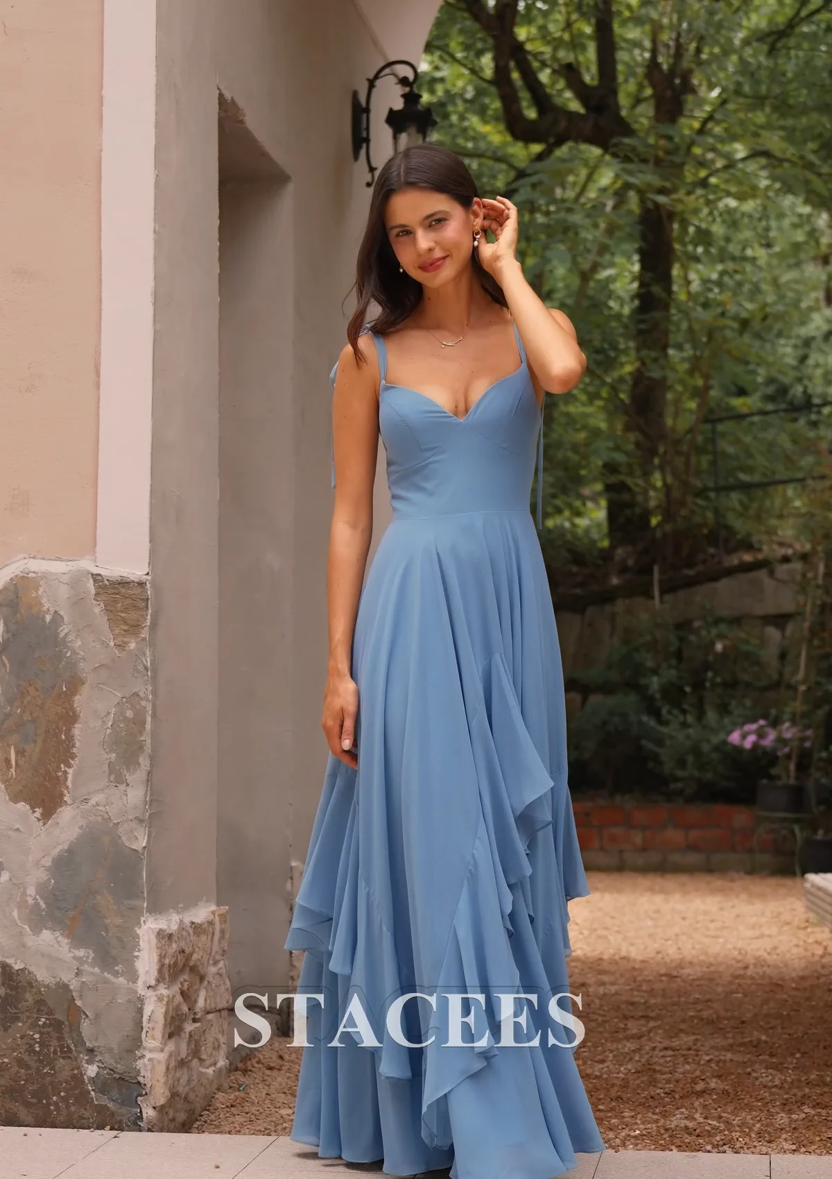 A-line V Neck Layered Ruffle Bridesmaid Dress with Spaghetti 