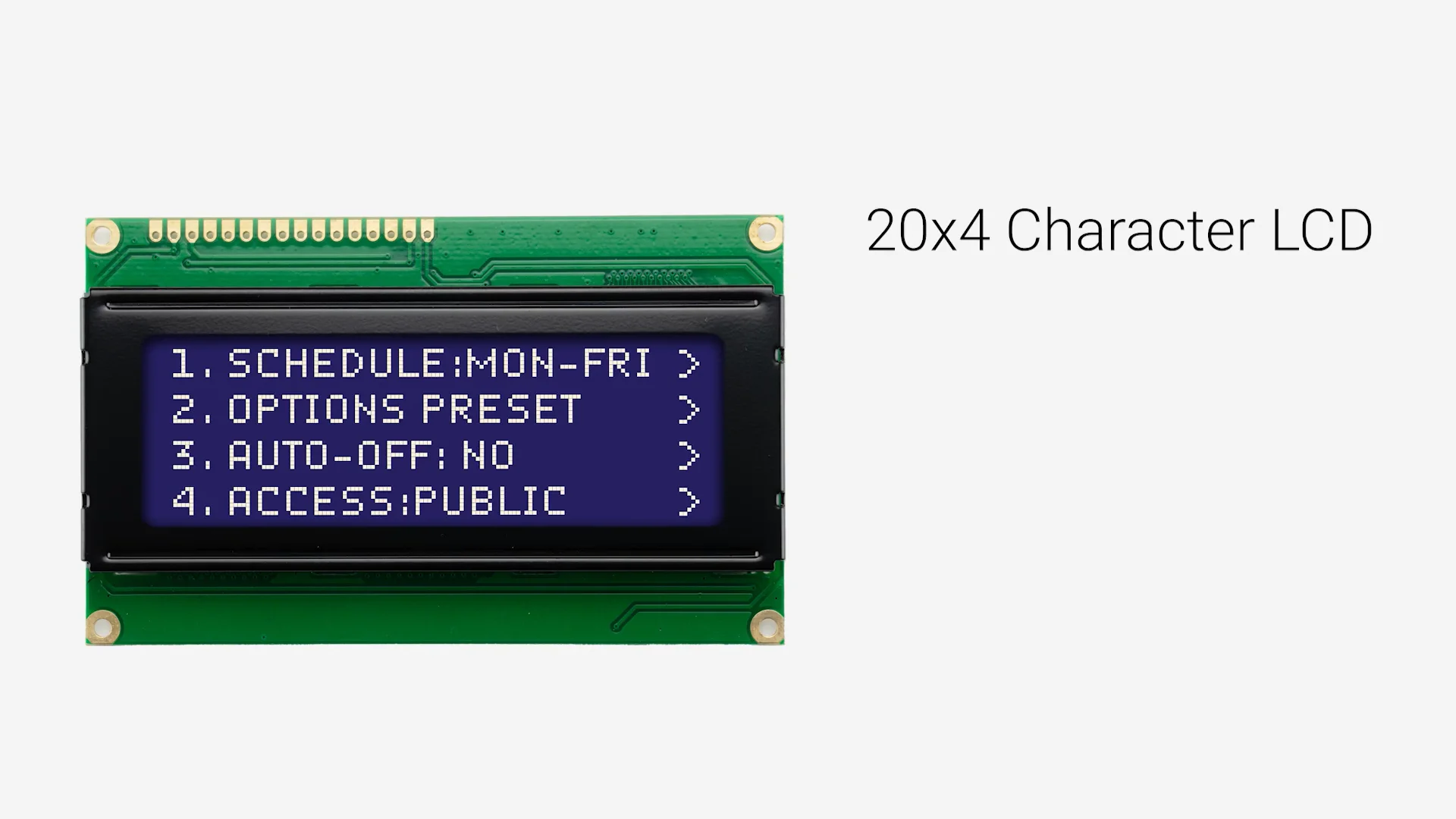 20x4 文字 LCD | STN - サイドホワイトバックライト付きブルーディスプレイ
