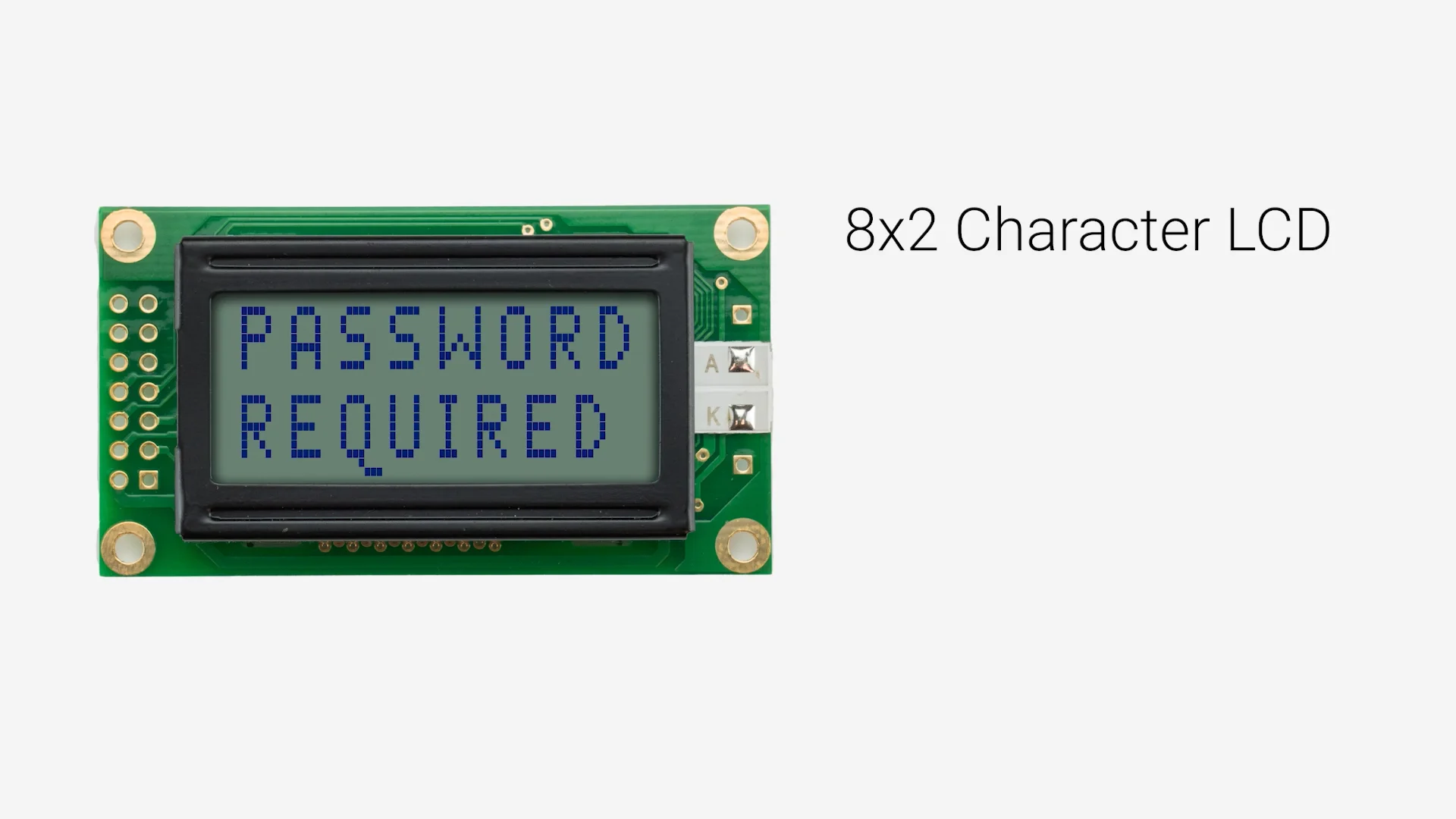 8×2文字LCD | 黄色／緑色のバックライト付きモノクロディスプレイ