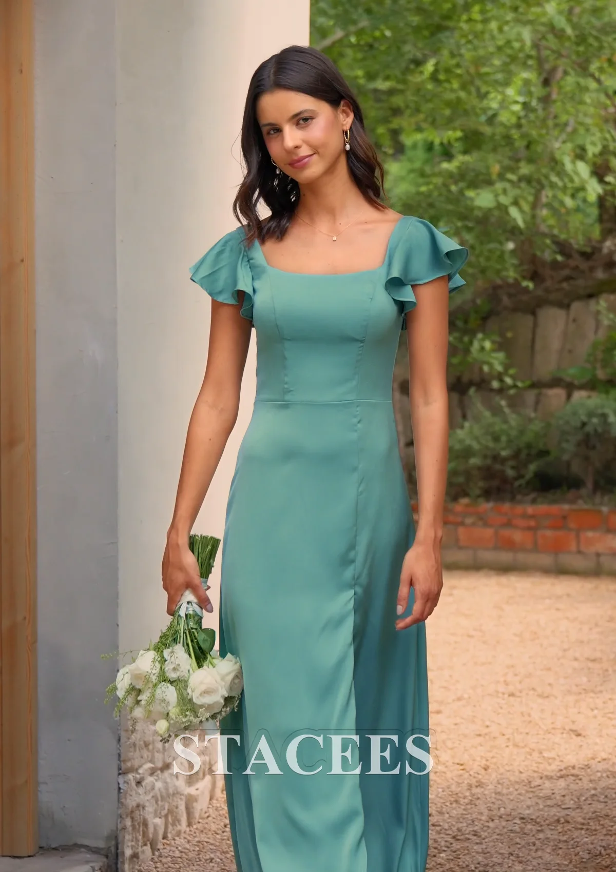 flutter sleeve stretch satin dress with ruffle hem Flutter Sleeve Stretch Satin Dress with Ruffle Hem