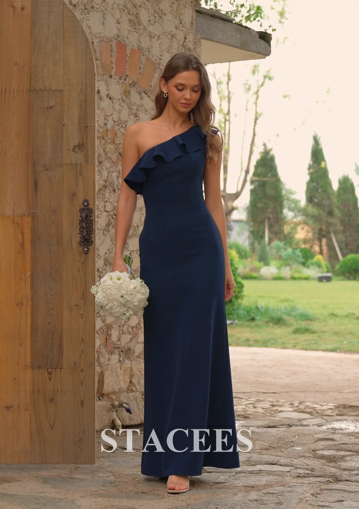 one shoulder crepe satin ruffle bridesmaid dress Missacc Ink Blue Bridesmaid Sheath/Column One-Shoulder Silk Like Satin Bridesmaid Dresses With Ruffle