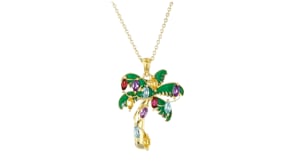 1.60 ct. t.w. Multi-Gemstone and Green Enamel Christmas Palm Tree Pendant Necklace in 18kt Gold Over Sterling