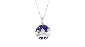 Blue Enamel Nativity Pendant Necklace with White Topaz in Sterling Silver