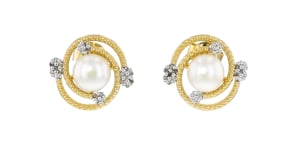 7-7.5mm Cultured Pearl and .14 ct. t.w. Diamond Swirl Earrings in 18kt Gold Over Sterling
