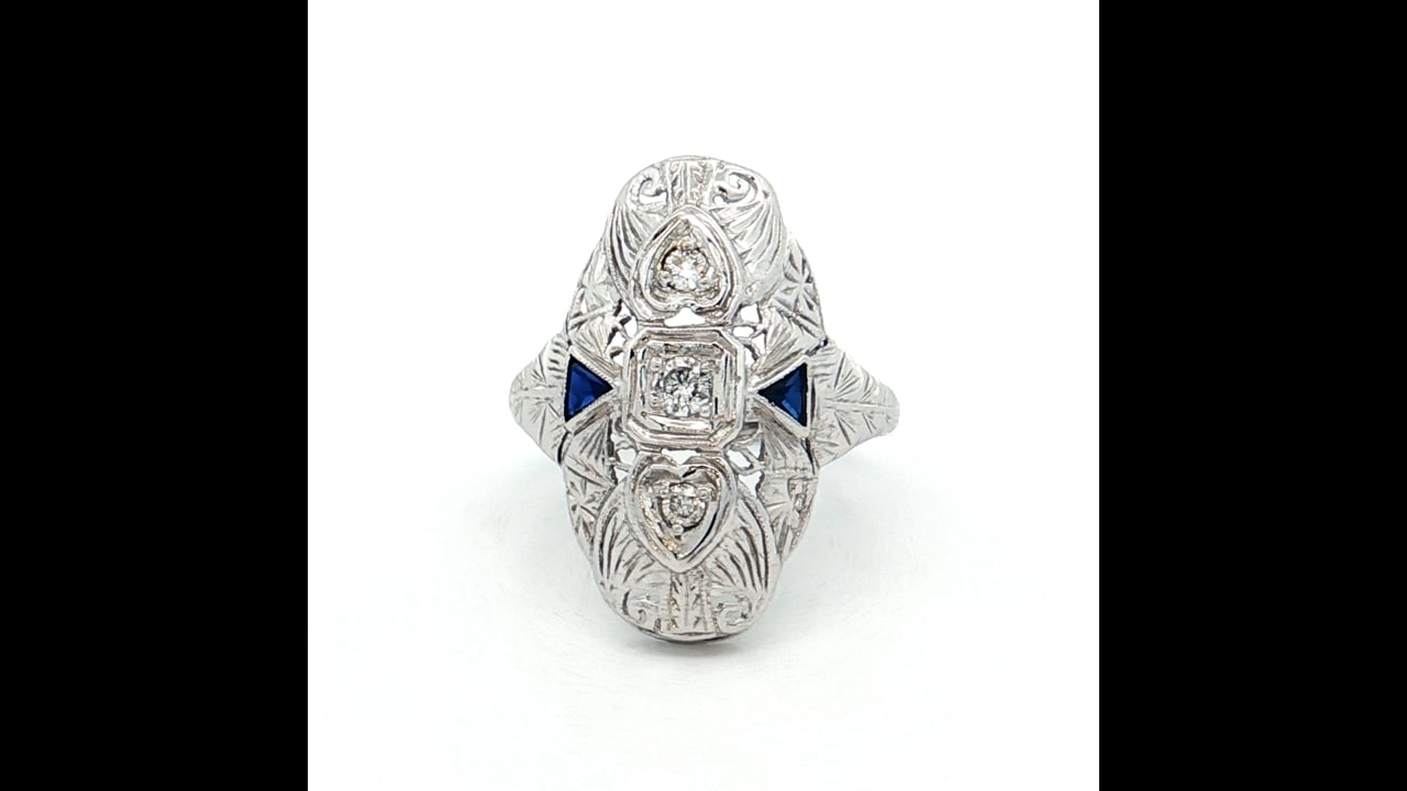 18 Antique Deco Diamond & Sapphire Navette Ring 18k – Filigree