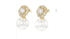 14kt Yellow Gold-Plated Drop Earrings with 2.30 ct. t.w. CZs and Simulated Pearls