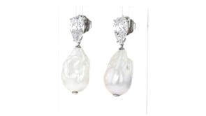 Rhodium-Plated Drop Earrings with 4.00 ct. t.w. CZs and 13-14mm Cultured Baroque Pearls