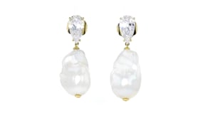 18kt Yellow Gold-Plated Drop Earrings with 4.00 ct. t.w. CZs and 13-14mm Cultured Baroque Pearls