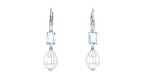 Rhodium-Plated Drop Earrings with Simulated Blue Gemstones and Pearls