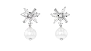 Rhodium-Plated Drop Earrings with 1.60 ct. t.w. CZs and 9-9.5mm Cultured Baroque Pearls