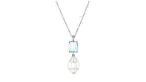 Rhodium-Plated Necklace with Simulated Blue Gemstone and Pearl