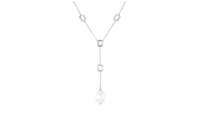 Rhodium-Plated Y-Necklace with Simulated Blue Gemstones and Pearl