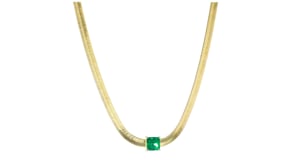 14kt Yellow Gold-Plated Herringbone Necklace with Simulated Green Gemstone