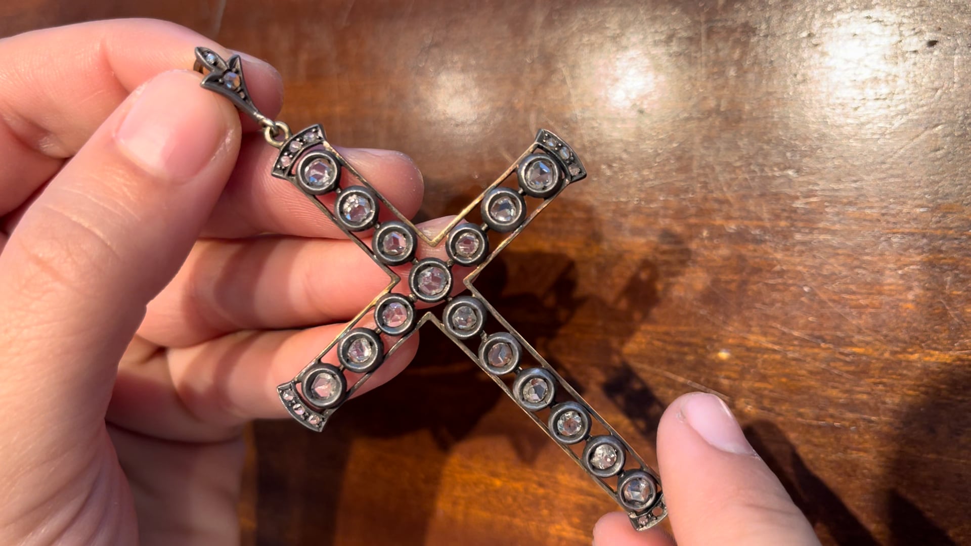 Croix Ancienne En Or Rose, Argent Et Pierres (diamants, Roses, Rubis) - XIXe Siècle, Pendentif
