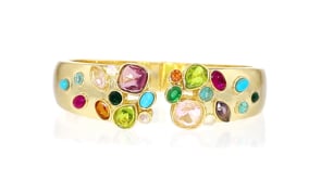 14kt Yellow Gold-Plated Cuff Bracelet with Simulated Multicolored Gemstones