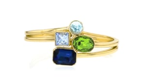 14kt Yellow Gold-Plated Bangle Bracelet with Simulated Tonal-Blue and Green Gemstones