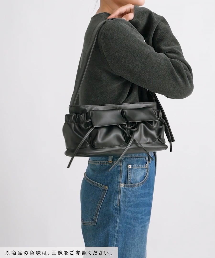 リボン型デニムブラック　ショルダー ウエストリボンブラックワイドデニム | Waist ribbon black wide denim