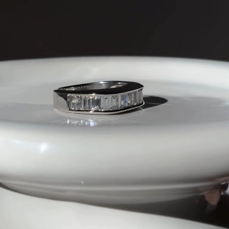 Eternity Band ring with 13 Baguette Cut stones of 1.5 Total Carat Weight. Size: 4x2.5mm