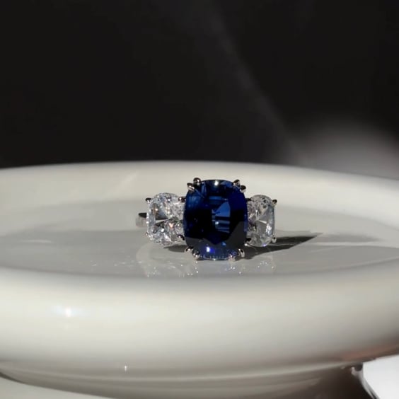 7 Carat Lab Created Cushion Cut Sapphire with 2 Carat Cushion Cut Sides
