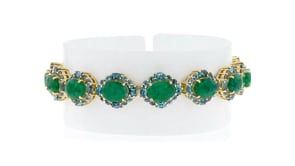 13.00 ct. t.w. Emerald and 7.10 ct. t.w. London Blue Topaz Bracelet in 18kt Gold Over Sterling