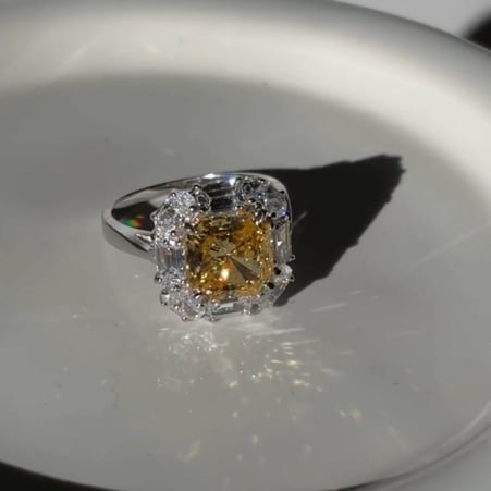 Canary Cushion Cut Center with Oval and Baguette Halo Ring  (5.6 TCW)