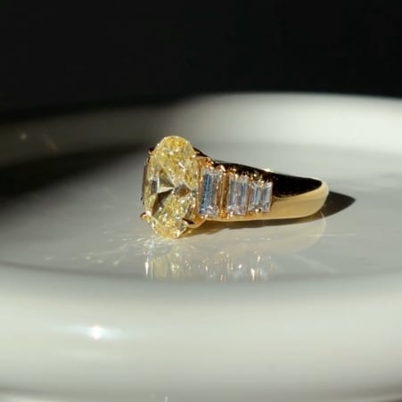 Wide Shank 3.25ct Oval Cut Center  with 3 Step Baguette Cut on each side of .75ct. Center stone size: 12x7.75mm