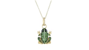 1.20 ct. t.w. Tsavorite Frog Pendant Necklace with Diamonds and Blue Sapphires in 18kt Gold Over Sterling