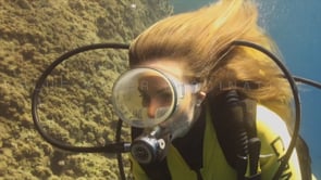 0493_Female scuba diver underwater model close up face shot with vintage mask