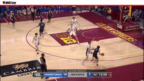 Block or Charge as player drives baseline and defender comes across possibly late