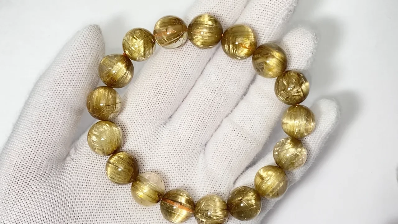 動画】【1点もの】ルチルクォーツAAAA ラウンド12.5mm 1連(ブレス) NO