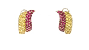 C. 1980 Vintage 2.00 ct. t.w. Ruby and 2.00 ct. t.w. Yellow Sapphire Earrings with .30 ct. t.w. Diamonds in 14kt Yellow Gold
