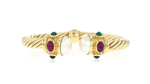 C. 1990 Vintage 11mm Mabe Pearl and 2.65 ct. t.w. Multi-Gemstone Cuff Bracelet in 14kt Yellow Gold