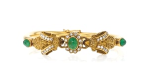 C. 1970 Vintage Lalaounis 2.57 ct. t.w. Multi-Gemstone and .80 ct. t.w. Diamond Double Ram Head Bangle Bracelet in 18kt Yellow G